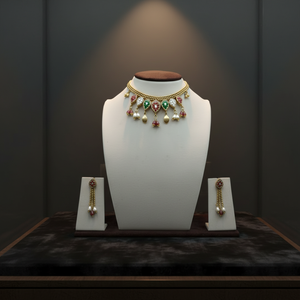 Traditional 22k Gold <b>Choker</b> Necklace Set with Kundan Polki Red Green Stones Pearl Drops and Matching Earrings - Product Image 4