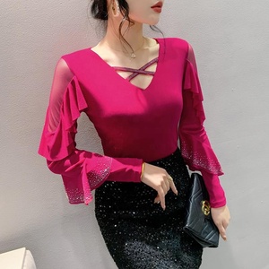 Women's <strong>Mesh</strong> Cut Hollow Rhinestone Shiny <strong>Sequined</strong> Oversized Clothes Tee <strong>Tops</strong> Nightclub Casual Long Sleeve Shirts Party T-shirt - Product Image 5