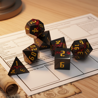 Set Dadu DND Resin Hitam Premium, Dadu Polihedral dengan Inlay Foil Merah, Dadu Tepi Tajam untuk Permainan Peran Meja.