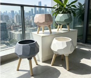 Faceted Geometric Diamond-cut Tripod Plant Pot, Cement Finish <b>Standing</b> Flower <b>Planter</b> with Wooden , Multi-color <b>Indoor</b> Outdoor - Product Image 2