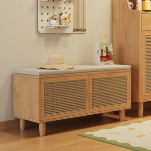 Panca Portascarpe Moderna <span class=keywords><strong>in</strong></span> Rattan Naturale con Armadietto Contenitore per Soggiorno e Anta Ventilata - Product Image 5