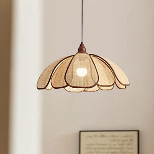 Lampadario Moderno Rotondo per Interni, Design Naturale con Paralume in Legno e <span class=keywords><strong>Rattan</strong></span>, per Cucina e Ristorante - Product Image 1