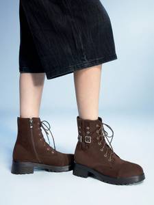 Trendy Ladies Faux Suede Combat <strong>Boots</strong> Dark <strong>Brown</strong> <strong>Lace</strong> up Side Zip Buckle Strap Block Heel Platform Ankle <strong>Boots</strong> for Daily Wear - Product Image 2