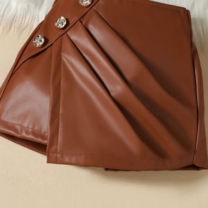 Vêtements pour enfants, automne, nouvelle collection, haut à manches longues uni pour filles, <span class=keywords><strong>jupe</strong></span> courte en <span class=keywords><strong>cuir</strong></span> PU tendance, ensemble deux pièces décontracté - Product Image 5