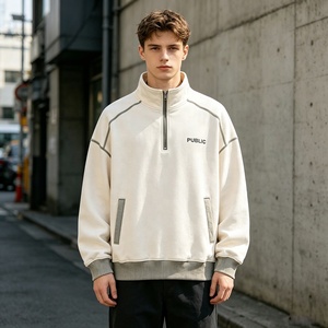 OEM Custom Loose Autumn Half <b>Zip</b> Flat Embroidery Sweatshirt Stand Collar Casual Streetwear Contrasting Stitching Men's Pullover - Product Image 3