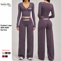 Set Yoga Logo Kustom Cepat Kering Atasan Lengan Panjang V-Neck Celana Yoga Model Flare Bahan Spandex Elastis Pakaian Olahraga Wanita