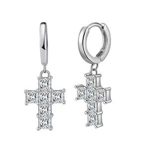 Rinntin LZE13 8A Clear Cubic Zirconia Religious Cross Dangle Hoop 925 Silver Earrings for Timeless Elegant Religious Jewelry