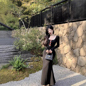 French Style Sexy Bodycon Dress Black Square Collar Bow Wrap Long Skirt Evening Wear - Product Image 4
