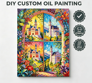 Kit de Peinture par Numéros Château de <span class=keywords><strong>Neuschwanstein</strong></span> avec Fenêtre à Quatre Grilles et Arche, Paysage Vibrant, Peinture à l'Huile Numérique DIY Songwoo - Product Image 1