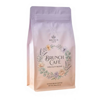 Sachet de café à fond plat à huit soudures latérales, motif couronne florale dégradé lavande, pour brunch et mélanges de spécialités