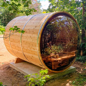 Moderne Gebogen Glas Panoramische <span class=keywords><strong>Outdoor</strong></span> 2-persoons Geïsoleerde Massief Hout Rode Ceder Vat Sauna Elektrisch Milieuvriendelijk Voor Villa Gebruik - Product Image 3