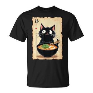 Camiseta Kawaii con diseño de gato y ramen, diseño de comida japonesa, anime, para amantes de los fideos, color negro - Product Image 1