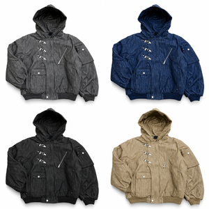 XINHUI Custom Heavy <b>Denim</b> Hooded Toggle-Closure <b>Men's</b> Bomber <b>Jacket</b> Utility Streetwear Urban Outerwear OEM ODM Wholesale - Product Image 3