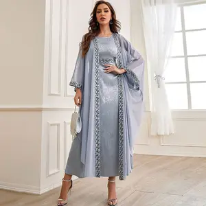 2023 New luxury embroidery two piece islamic long robe women round neck long sleeve abaya open kimono cardigan long dresses