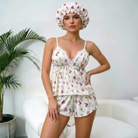 Ensemble de pyjama à imprimé floral P677 pour femmes, avec débardeur et short à dentelle, et bonnet de nuit, vêtements de nuit, vêtements de détente