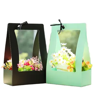 Flower Basket Paper Carton Portable Flowers Packing Box Waterproof Florist Fresh flower Carrier Bag Green Black Pink