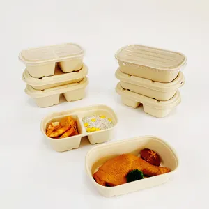 Disposable Sugarcane Bagasse Food Delivery Box Stocked Plant Pattern Compartments for Dishes for Home Takeaway Fast Food Use