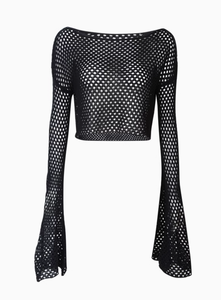 Brand New Casual Schwarz Off-Shoulder Short <span class=keywords><strong>Top</strong></span> Sexy Frühling Sommer Fisch netz Cover-Up Hollow Design Damen gestrickt - Product Image 2