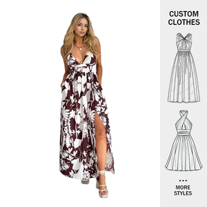 Personalizado Deep V Neck Halter Cross Scoop Backless Floral Impreso Side Leg Slit Mujeres Casual Vestidos de vacaciones Vestidos largos - Product Image 1