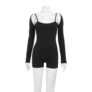 Haute qualité femmes vêtements été ensembles usine en gros mode mince sport décontracté jarretelles shorts ensemble combinaison pour dames - Product Image 6