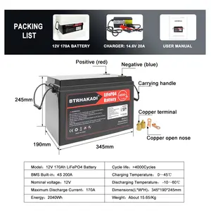 HAKADI Lifepo4 12V 100Ah 200Ah Battery Pack 12V 170Ah Smart BMS Battery Ship From EU For Solar System Boat RV