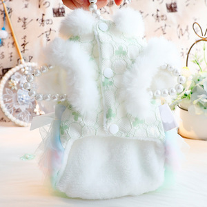 <b>Pet</b> Princess Lace Dress With Fur <b>Collar</b> And Bow For Small Dogs Winter Autumn Cotton Padded Clothes Green And Pink - Product Image 3