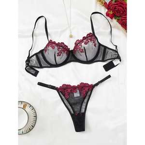 深いVネックのレースフラワーセクシーブラセット、若い女性向け、通気性、調節可能なショルダーストラップ、ネット薄型Gストリング、パンティー、軽いコントロール力 - Product Image 2
