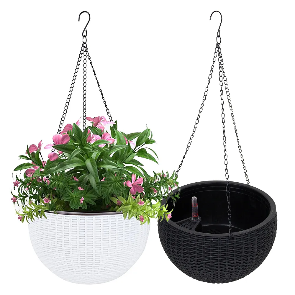 Nouvelles ventes de pots de fleurs ronds en rotin pour l'extérieur et l'intérieur suspendus, pots de fleurs en plastique à arrosage automatique pour plantation