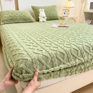 Funda de cama gruesa de invierno Juego de sábanas de lana con mechones, pieza única de lana Coral, funda de protección de colchón gruesa de invierno - Product Image 5