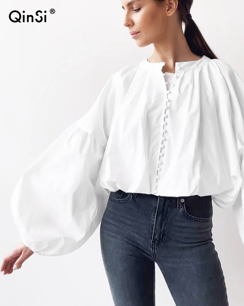 Qinsi blusa feminina folgada de manga comprida, camisa casual feminina plus size de algodão, nova marca 2022