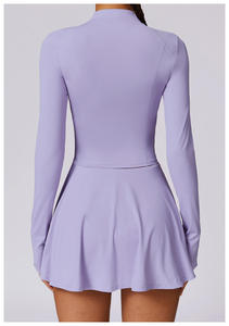 Stand Collar <b>Long</b> Sleeve Yoga Dress With Flared Skirt Quick Dry Spandex Polyester Solid Color High Waist - Product Image 2