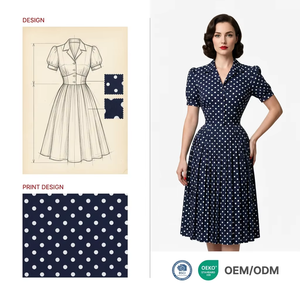<span class=keywords><strong>Vestido</strong></span> Midi con Estampado Personalizado de Puntos Azules, Plisado 360, Manga Abullonada, Cierre de Botones al Frente, Estilo Vintage Retro para Mujer - Product Image 1