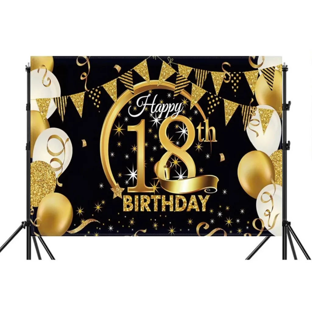 Happy 18th Birthday Banner nero e oro 18 anni festa di compleanno in cortile cartello foto stand oggetti di scena arredamento forniture per donne uomini