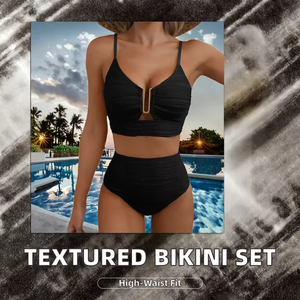 Maillot de bain deux pièces texturé fait main pour femme, 9 couleurs, taille haute, bikini bandeau, motif uni, tailles S-XL, logo avant, effet délavé - Product Image 2