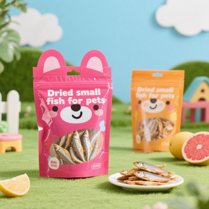 Pet gıda küçük kurutulmuş balık ambalaj poşetleri için şeffaf pencere ile özelleştirilmiş renkli parlak kaplama özel şekilli ayakta duran torba - Product Image 1