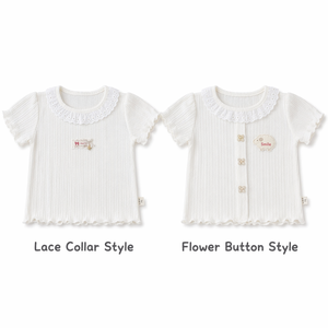 Adorable Camiseta de Verano para Bebé Niña, Manga Corta, Viscosa, Tejido Acanalado, Detalle de Encaje, Borde Ondulado - Product Image 4