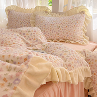 Parure de lit en velours de lait polyester, motif floral coréen évidé et sculpté, 4 pièces, housse de couette d'hiver en polyester