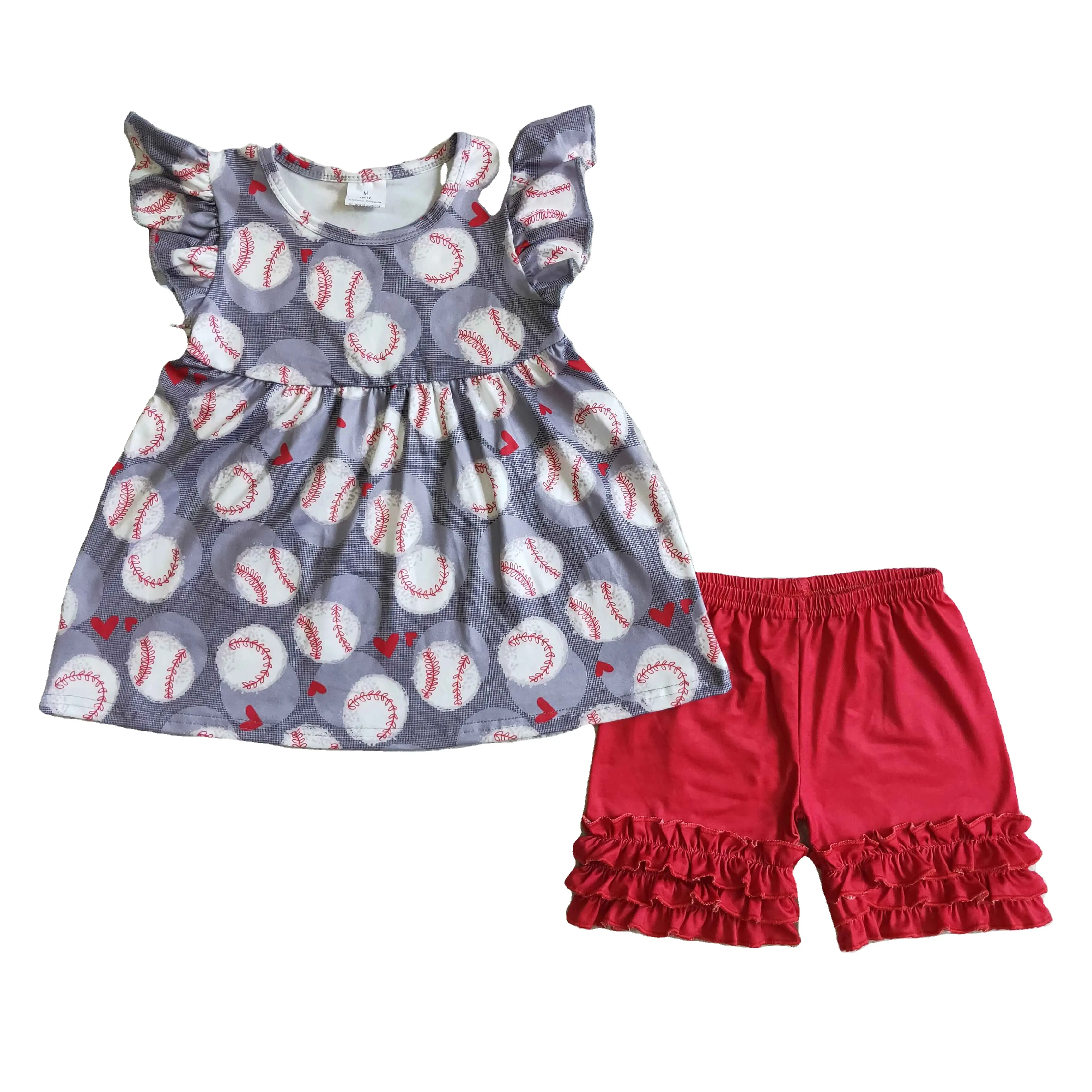 A10-5-1 New Kids Girls Clothing Sets Summer Baseball Print Small Flying Sleeve Red Lace Shorts Suit