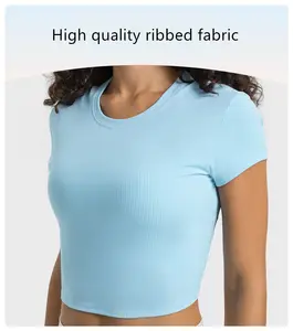 Ücretsiz LOGO kaburga malzeme kadın kırpma üst yaz spor yoga bluzu toptan