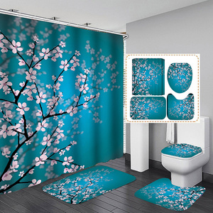 Set da bagno con paesaggi di fiori rosa di ciliegio primaverile Set di tende da doccia 4 pezzi con tappeti da bagno - Product Image 3