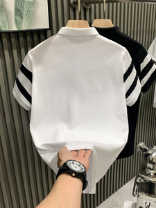 Kemeja <span class=keywords><strong>Polo</strong></span> Lengan Pendek Pria Ringan dan Berkerah Lipat Garis-garis Hitam Putih Merek Fashion Populer di Internet - Product Image 4