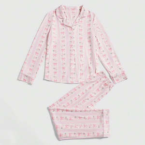 Pajama Nhà Máy Hỗ Trợ Mẫu Màu Hồng Loungewear Phụ Nữ Bộ Bow In Đồ Ngủ Tre Tùy Chỉnh In Quần Áo Ngủ Phụ Nữ - Product Image 1