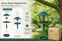 Mangeoire à oiseaux suspendue trois-en-un avec lumière solaire LED, bain pour oiseaux, plateau à graines, design gazebo, résistant aux intempéries, écologique, résistant à la rouille, pour extérieur