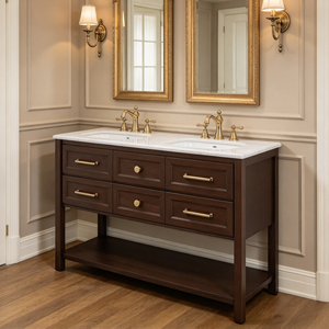 Dark <b>Wood</b> <b>Bathroom</b> Vanity Double Sink <b>Cabinet</b> Floor Standing with Drawers Open Shelf White Countertop - Product Image 2