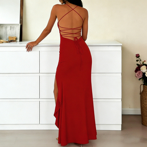 Red Satin 100% Polyester Breathable Maxi <b>Dress</b> Natural Waist High Slit Backless Lace <b>Ruffle</b> Trim Elegant <b>Dress</b> - Product Image 3