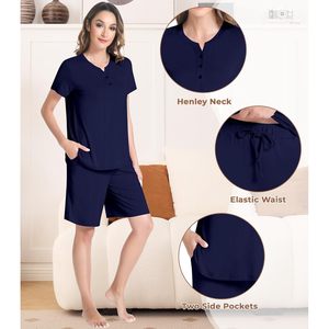 Custom Women's Bamboo Viscose <b>Pajama</b> <b>Set</b> Short Sleeve Crew Neck Sleepwear Soft Top And Shorts Casual Nightwear For Women - Product Image 4