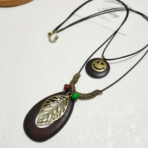 Estilo Étnico Vintage, Cuerda de Cera Negra Trenzada Hecha a Mano, Doble Capa, Cara Sonriente, Hueco, Patrón de Flores, Árbol DE LA Vida, Hoja, Collar de Madera - Product Image 4