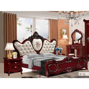 Lit King Size en bois royal antique Cadre de lit européen King Size avec tête de lit moderne Ensembles de meubles de chambre à coucher à la française