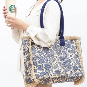 Borsa Tote in tela retrò bohémien ad alta capacità da donna in stile etnico da <span class=keywords><strong>spiaggia</strong></span> <span class=keywords><strong>e</strong></span> da viaggio con fodera in poliestere con nappine - Product Image 1