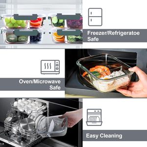 5個セット ガラス製ミールプレップ容器 2コンパートメントセット 1040ml 密閉ガラス食品保存容器 蓋付き、電子レンジ・オーブン対応 - Product Image 4
